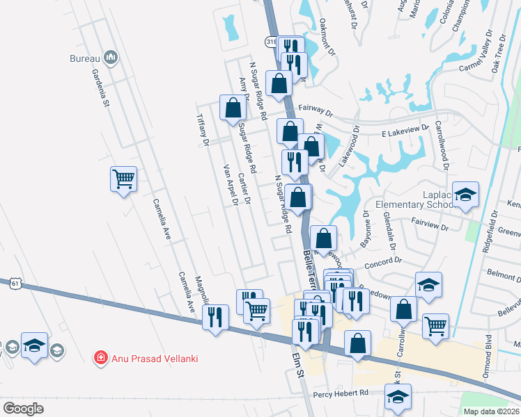 map of restaurants, bars, coffee shops, grocery stores, and more near 1804 Cartier Drive in LaPlace