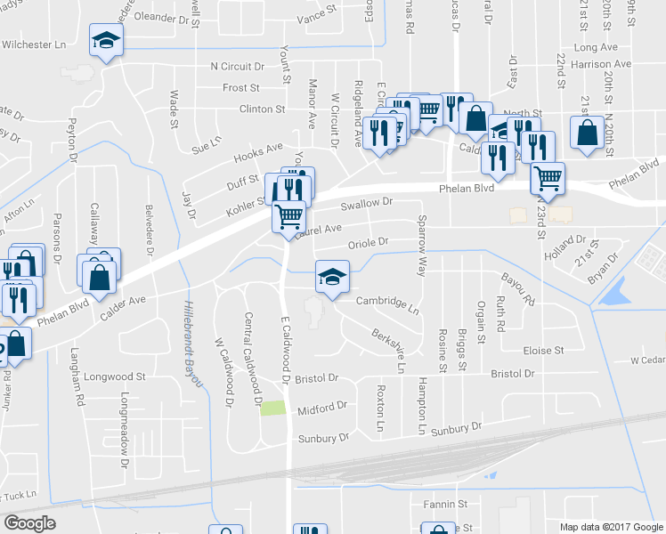 map of restaurants, bars, coffee shops, grocery stores, and more near 110 Wren Way in Beaumont
