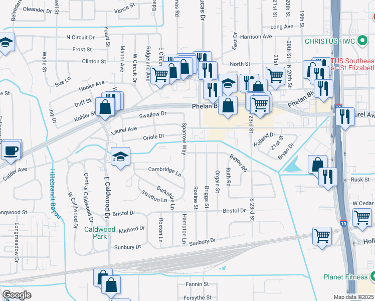 map of restaurants, bars, coffee shops, grocery stores, and more near 99 Sparrow Way in Beaumont