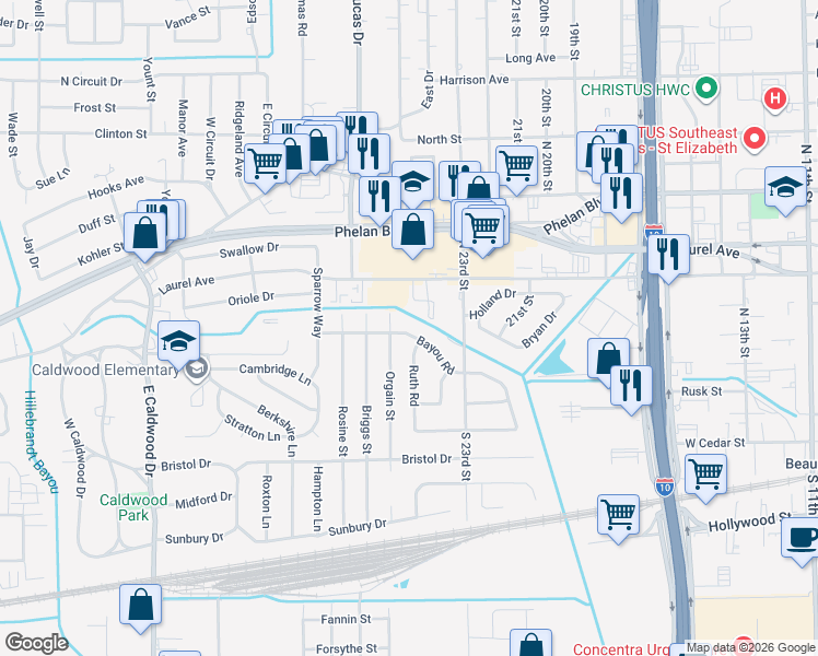 map of restaurants, bars, coffee shops, grocery stores, and more near 4050 Bayou Road in Beaumont
