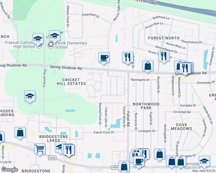 map of restaurants, bars, coffee shops, grocery stores, and more near 21806 Morgan Park Lane in Spring