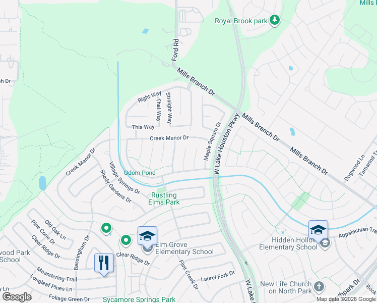 map of restaurants, bars, coffee shops, grocery stores, and more near 5430 Knoll Terrace Drive in Humble