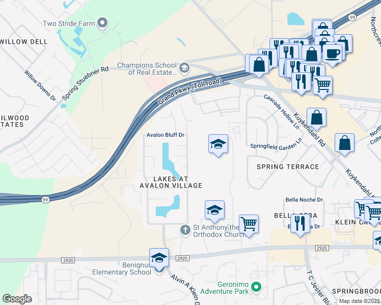 map of restaurants, bars, coffee shops, grocery stores, and more near 21726 Avalon Queen Drive in Spring