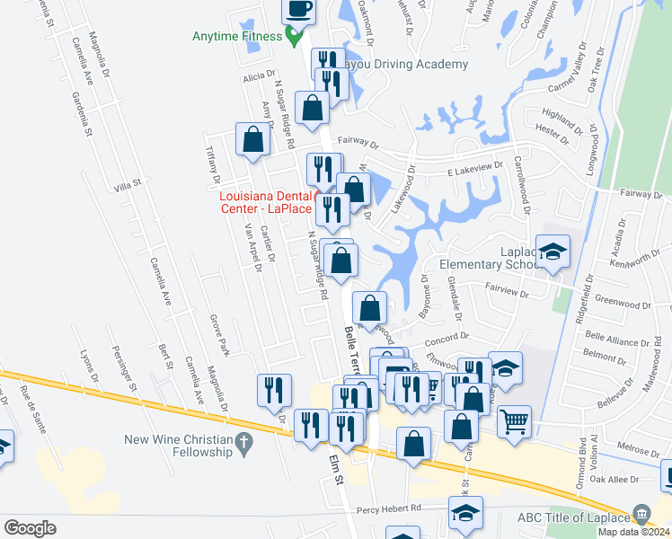 map of restaurants, bars, coffee shops, grocery stores, and more near 325 Belle Terre Boulevard in LaPlace
