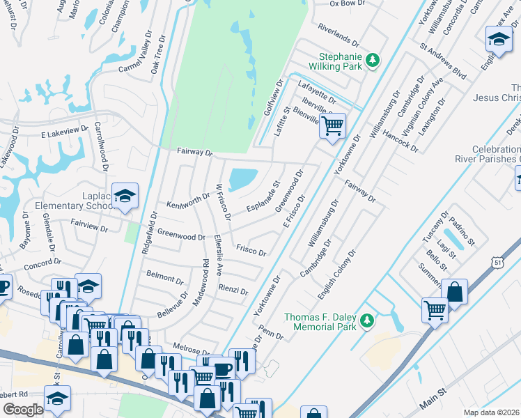 map of restaurants, bars, coffee shops, grocery stores, and more near 549 Esplanade Street in LaPlace