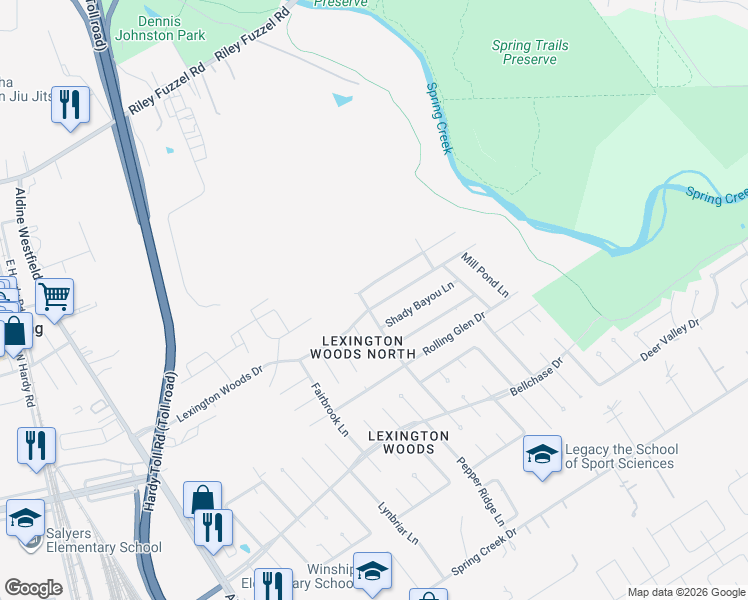 map of restaurants, bars, coffee shops, grocery stores, and more near 2411 Lexington Woods Drive in Spring