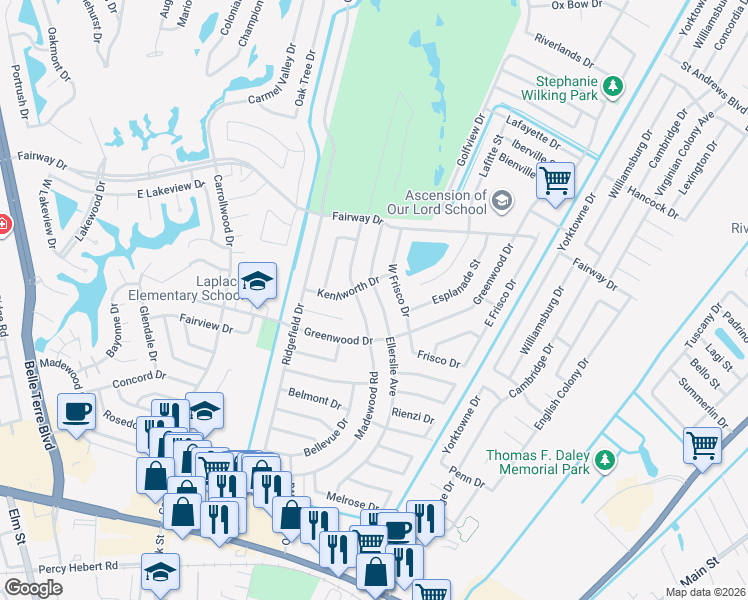 map of restaurants, bars, coffee shops, grocery stores, and more near 1708 Madewood Road in LaPlace