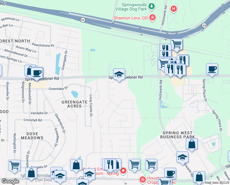 map of restaurants, bars, coffee shops, grocery stores, and more near 2402 Hannover Valley Court in Spring