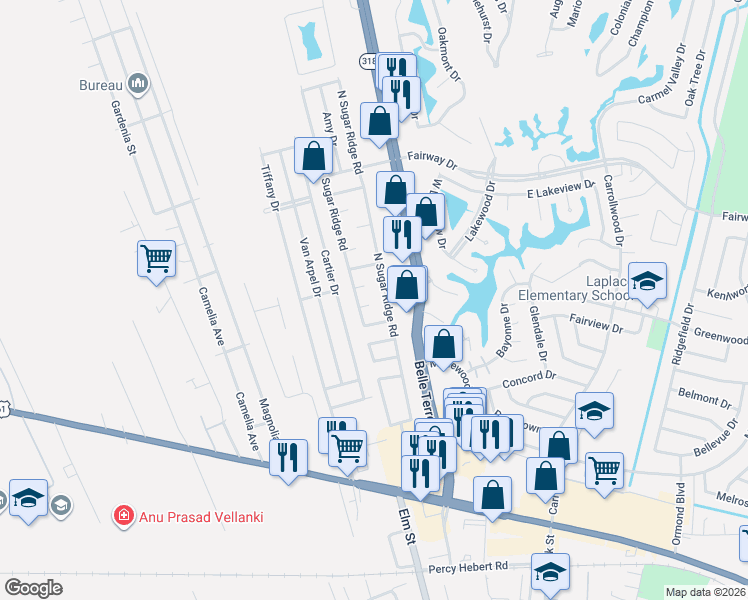 map of restaurants, bars, coffee shops, grocery stores, and more near 1813 Columbia Court in LaPlace