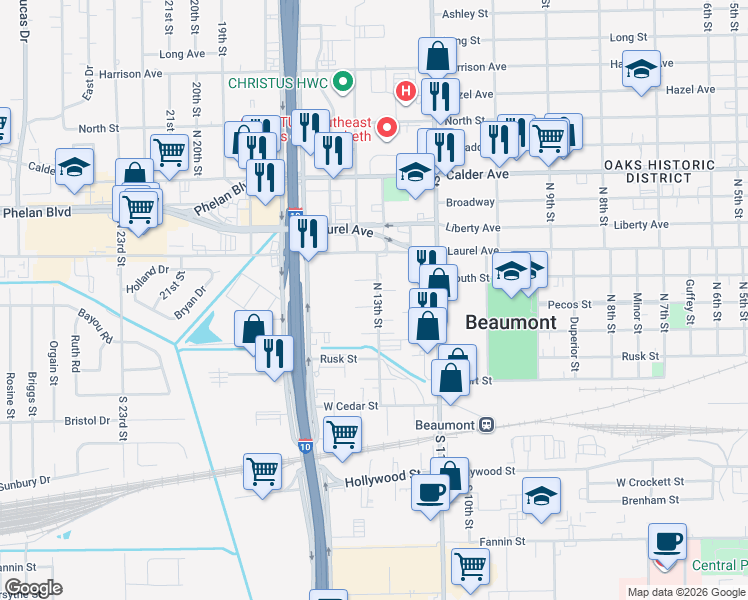 map of restaurants, bars, coffee shops, grocery stores, and more near 2910 Pecos Street in Beaumont