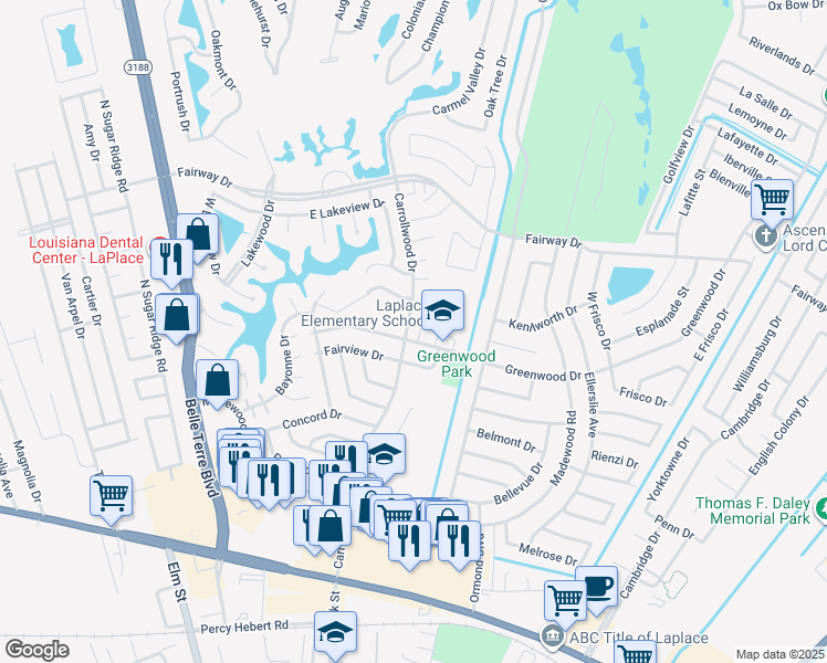 map of restaurants, bars, coffee shops, grocery stores, and more near 1704 Carrollwood Drive in LaPlace