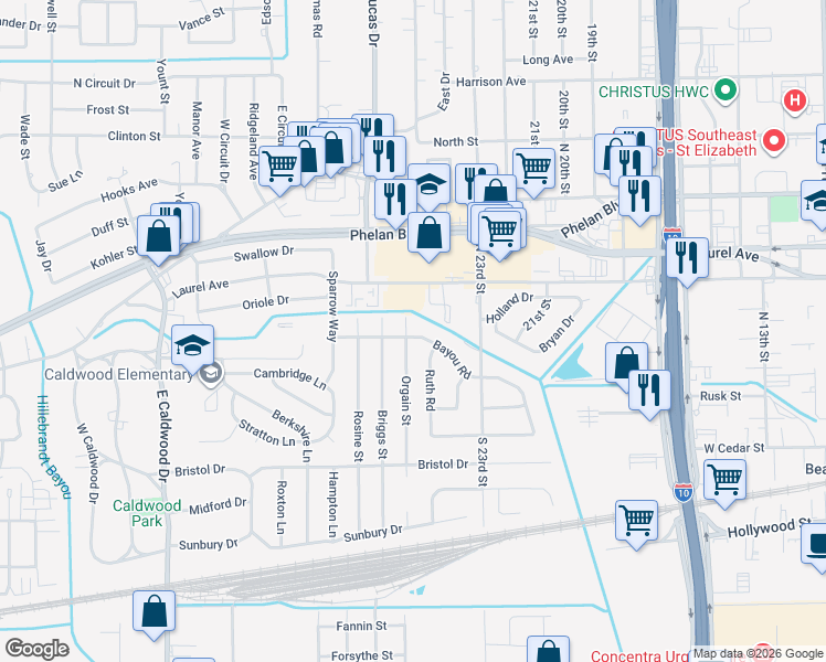 map of restaurants, bars, coffee shops, grocery stores, and more near 4050 Bayou Road in Beaumont