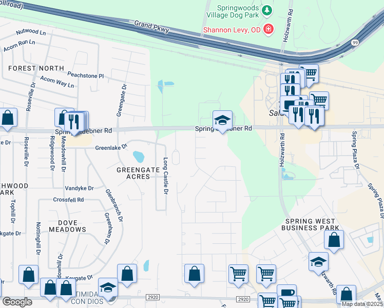 map of restaurants, bars, coffee shops, grocery stores, and more near 2611 Fern Lacy Drive in Spring