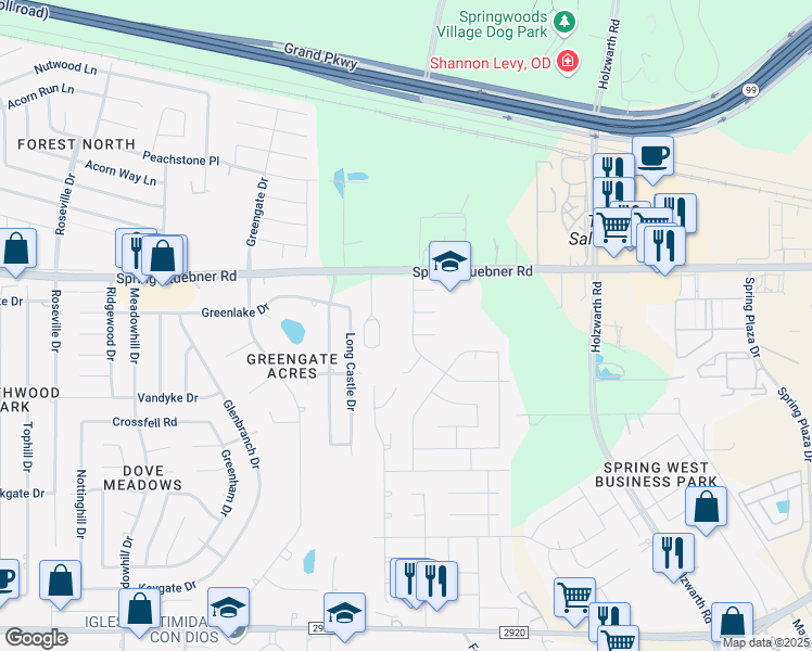 map of restaurants, bars, coffee shops, grocery stores, and more near 2611 Fern Lacy Drive in Spring