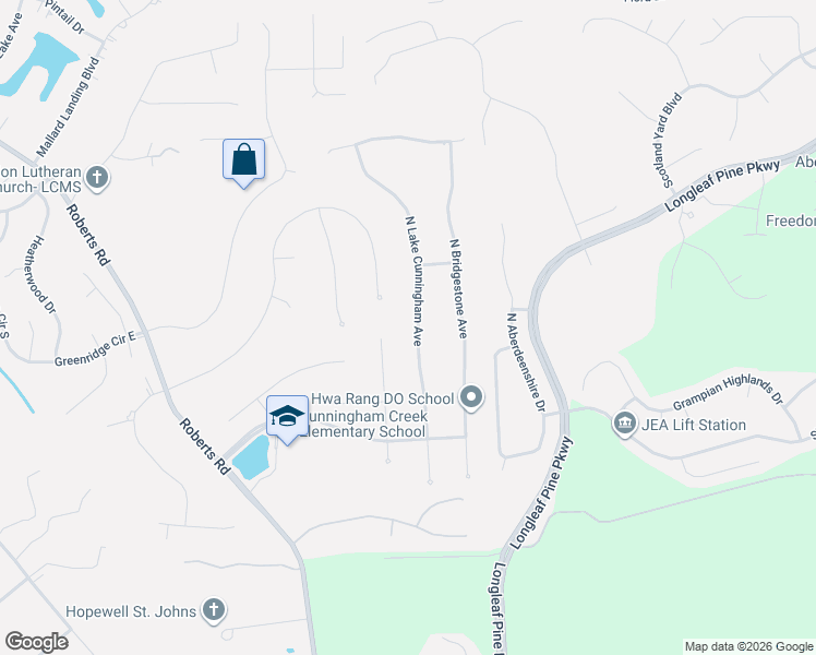 map of restaurants, bars, coffee shops, grocery stores, and more near 184 North Lake Cunningham Avenue in Jacksonville