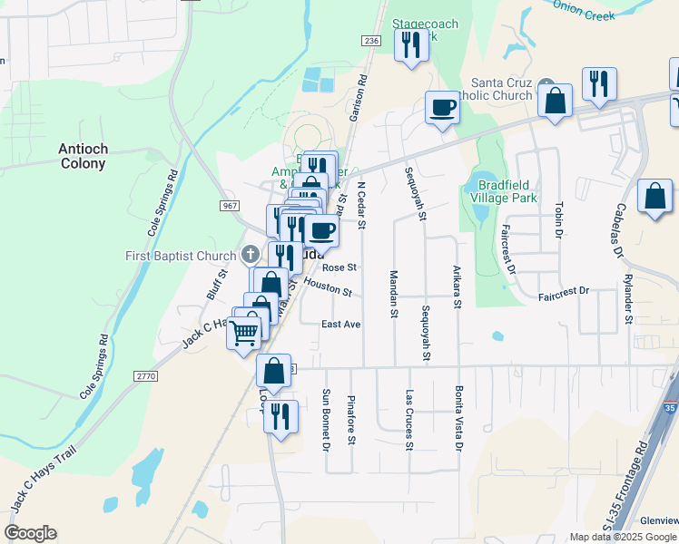 map of restaurants, bars, coffee shops, grocery stores, and more near 201 Rose Street in Buda
