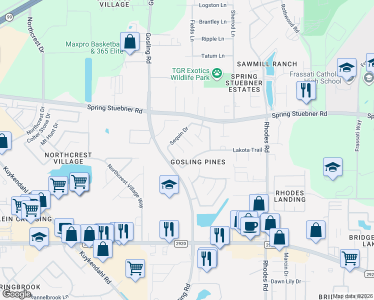map of restaurants, bars, coffee shops, grocery stores, and more near 21711 Texian Court in Spring
