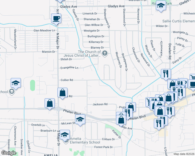 map of restaurants, bars, coffee shops, grocery stores, and more near 7980 Collier Road in Beaumont