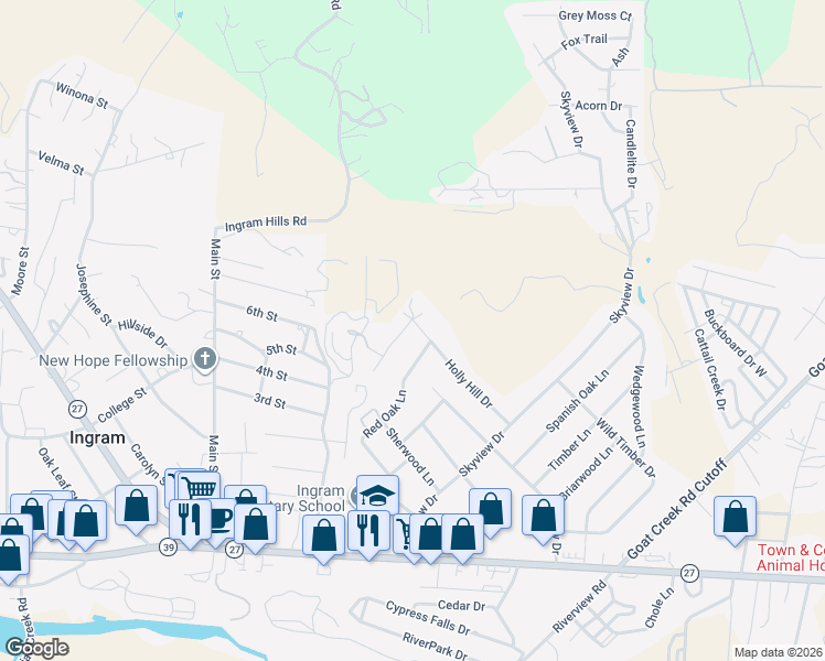 map of restaurants, bars, coffee shops, grocery stores, and more near 136 Holly Hill Drive in Ingram