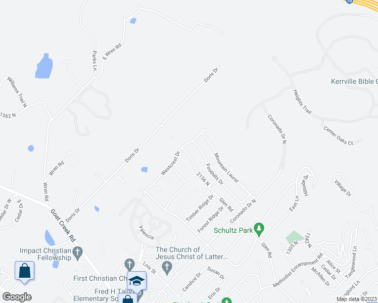 map of restaurants, bars, coffee shops, grocery stores, and more near 2126 Bluff Ridge Drive in Kerrville