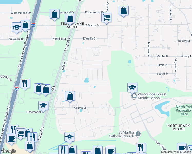 map of restaurants, bars, coffee shops, grocery stores, and more near 25746 Hazy Elm Lane in Porter