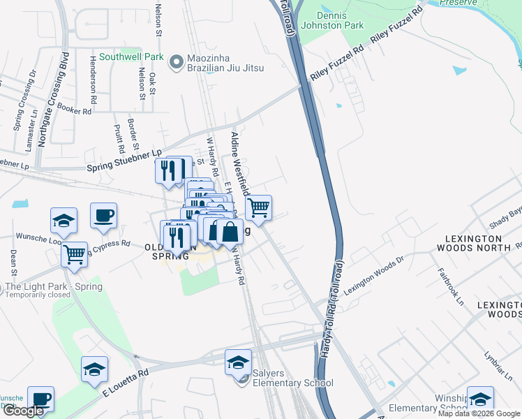 map of restaurants, bars, coffee shops, grocery stores, and more near 26600 Aldine Westfield Road in Spring