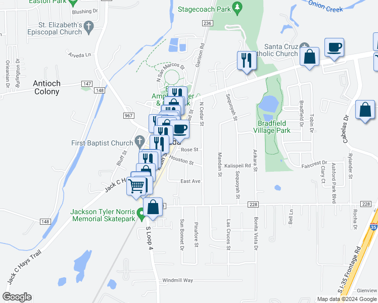 map of restaurants, bars, coffee shops, grocery stores, and more near 201 Rose Street in Buda