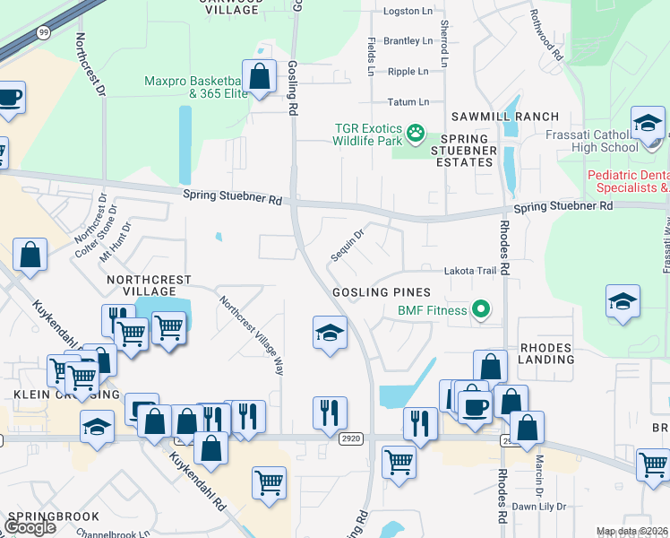 map of restaurants, bars, coffee shops, grocery stores, and more near 21750 Debray Drive in Spring
