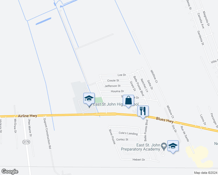 map of restaurants, bars, coffee shops, grocery stores, and more near 1625 Jefferson Street in LaPlace