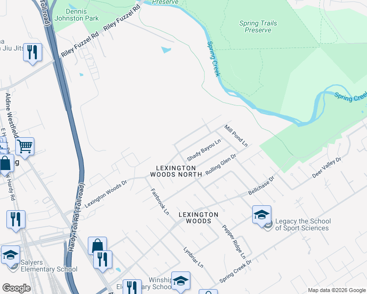 map of restaurants, bars, coffee shops, grocery stores, and more near 2411 Lexington Woods Drive in Spring