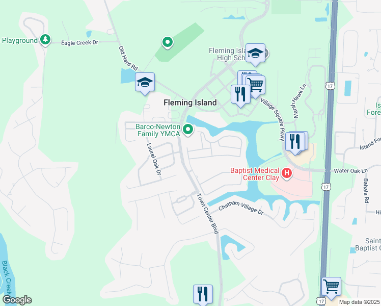 map of restaurants, bars, coffee shops, grocery stores, and more near 5505 Woodland View Drive in Fleming Island