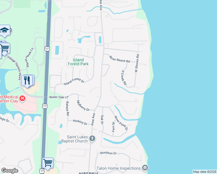 map of restaurants, bars, coffee shops, grocery stores, and more near 2284 Emilys Way in Fleming Island