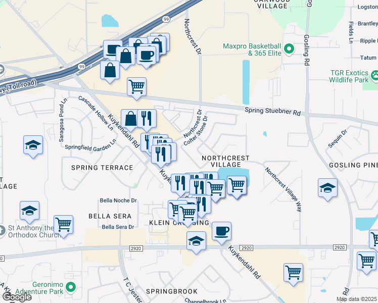 map of restaurants, bars, coffee shops, grocery stores, and more near 6214 Menor Crest Drive in Spring