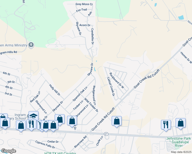 map of restaurants, bars, coffee shops, grocery stores, and more near 241 Wedgewood Lane in Kerrville