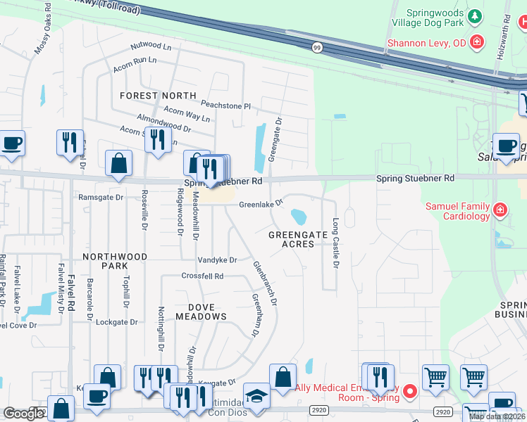 map of restaurants, bars, coffee shops, grocery stores, and more near 21811 Greengate Drive in Spring