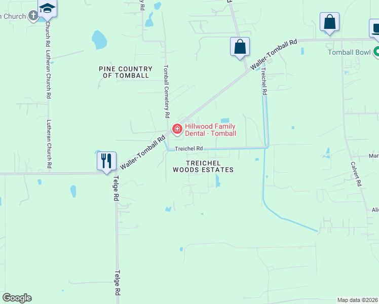 map of restaurants, bars, coffee shops, grocery stores, and more near 15629 Treichel Road in Tomball