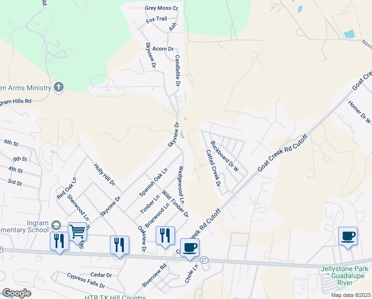 map of restaurants, bars, coffee shops, grocery stores, and more near 241 Wedgewood Lane in Kerrville