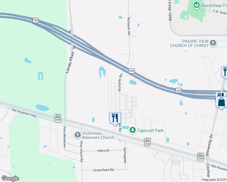 map of restaurants, bars, coffee shops, grocery stores, and more near 23352 High Point Street in Prairie View