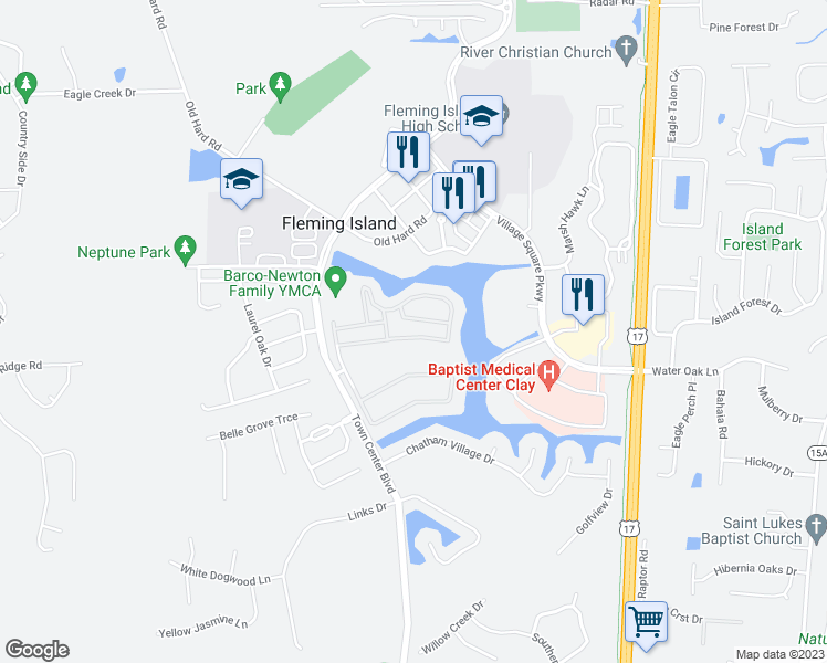 map of restaurants, bars, coffee shops, grocery stores, and more near 1202 Calming Water Drive in Fleming Island
