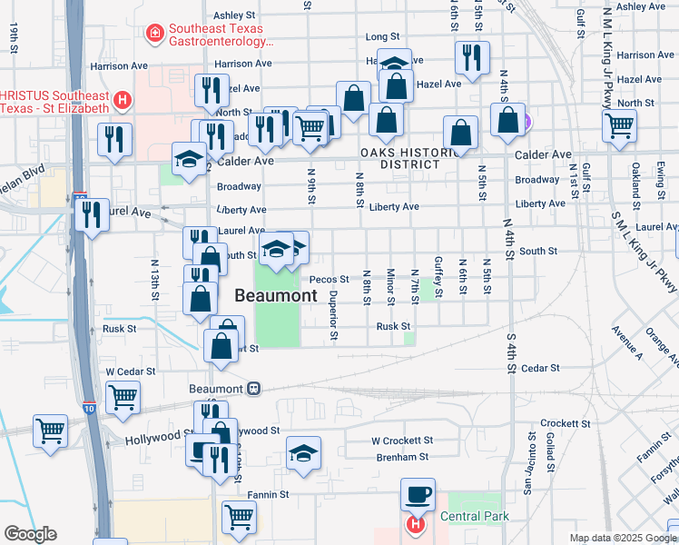 map of restaurants, bars, coffee shops, grocery stores, and more near 2480 Pecos Street in Beaumont