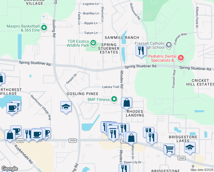 map of restaurants, bars, coffee shops, grocery stores, and more near 5222 Lakota Trail in Spring