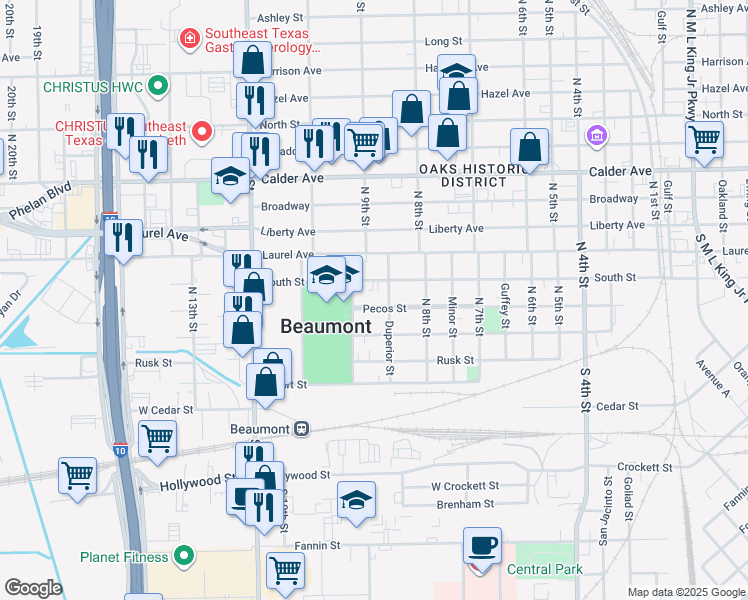 map of restaurants, bars, coffee shops, grocery stores, and more near 2540 Pecos Street in Beaumont