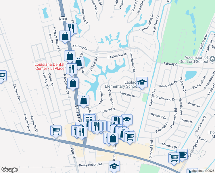 map of restaurants, bars, coffee shops, grocery stores, and more near 257 Brest Court in LaPlace