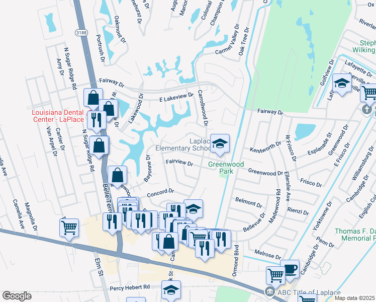 map of restaurants, bars, coffee shops, grocery stores, and more near 345 Greenwood Drive in LaPlace