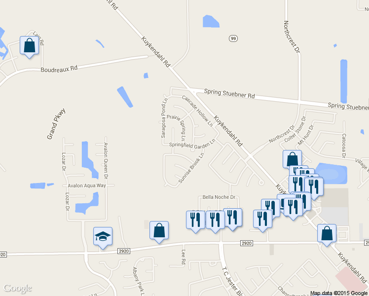 map of restaurants, bars, coffee shops, grocery stores, and more near 6814 Springfield Garden Ln in Spring