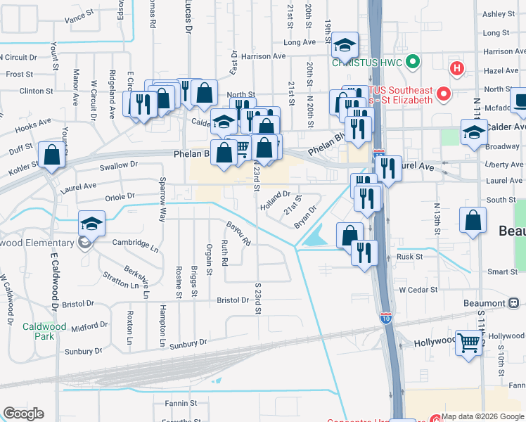 map of restaurants, bars, coffee shops, grocery stores, and more near 3895 Bryan Drive in Beaumont