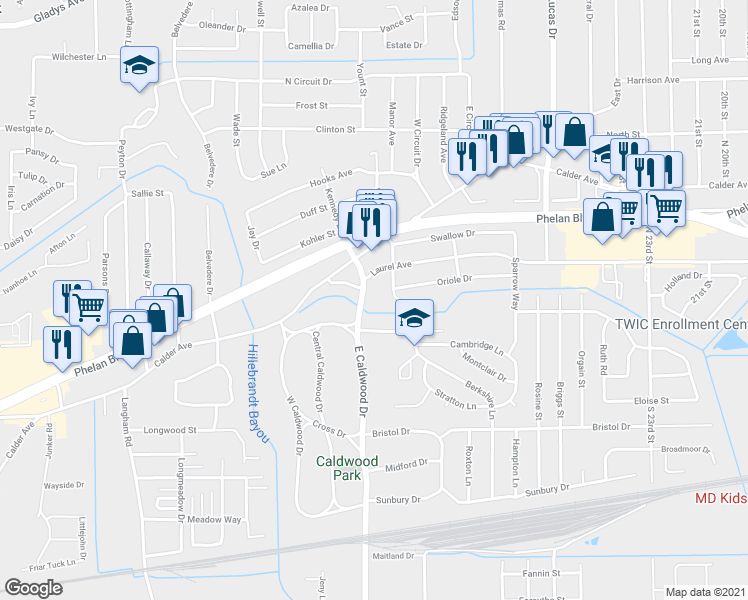 map of restaurants, bars, coffee shops, grocery stores, and more near 85 East Caldwood Drive in Beaumont