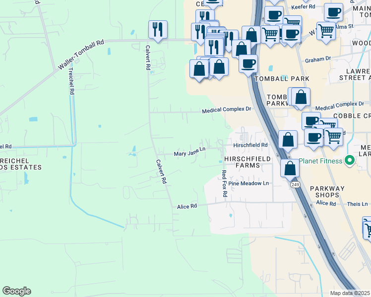 map of restaurants, bars, coffee shops, grocery stores, and more near 14506 Mary Jane Lane in Tomball