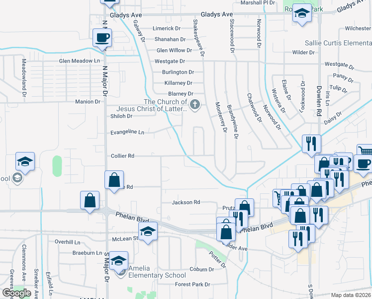 map of restaurants, bars, coffee shops, grocery stores, and more near 7980 Collier Road in Beaumont