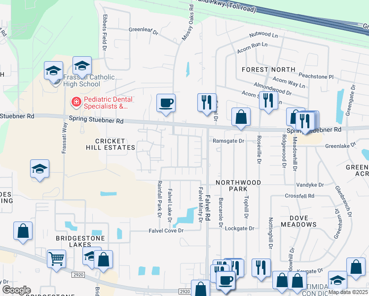 map of restaurants, bars, coffee shops, grocery stores, and more near 21811 Grassy Hill Lane in Spring